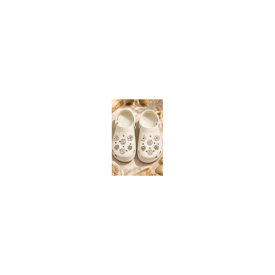 Cinderella 12'li Gold Beyaz Gül Çiçekli Taşlı Terlik Süsü Seti Jibbitz - Cross Süsleri Pin Charm Crocks Takı