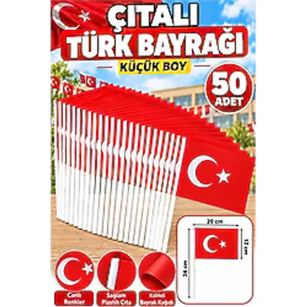 Çıtalı Bayrak Kağıt 20x12 cm 50 Adet Ay Yıldızlı Türk Bayrağı Çıtalı Sopalı Küçük Bayrak Plastik Çubuklu Bayrak