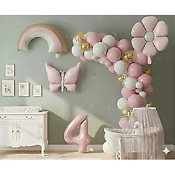 ÇITIPITISTORE Pembe Kelebek Papatya Gökkuşağı Rakam Golyo Balonlu Doğum Günü Parti Balon Seti, 30 Adet Balon