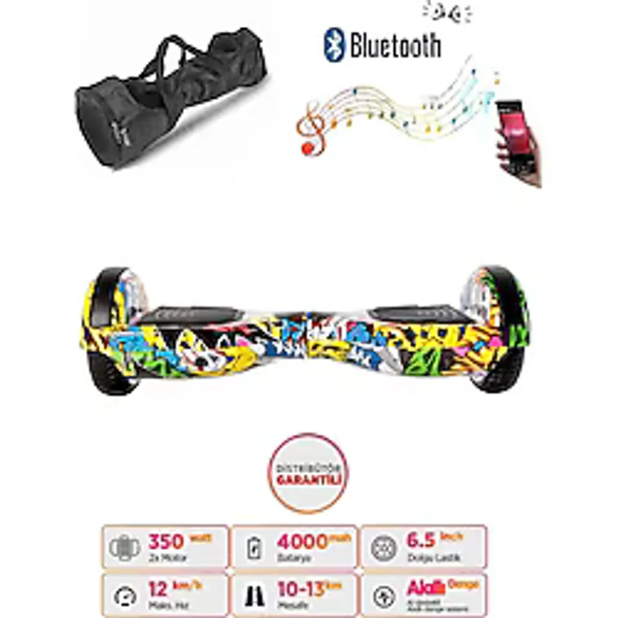 Citymate Elektrikli Kaykay Hoverboard Bluetooth Hoparlörlü 6.5 İnç Grafiti D01 +Çanta