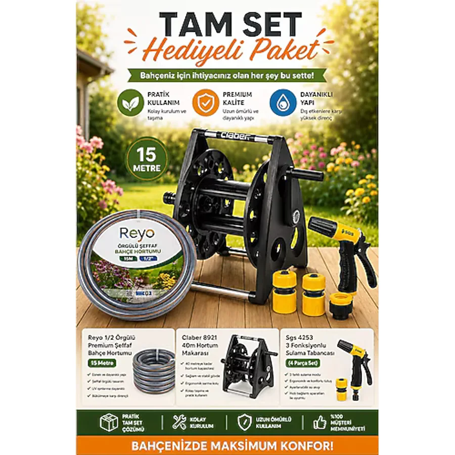 Claber 8921 40m Hortum Makarası + 15M Bahçe Hortumu + 3 Fonksiyonlu Sulama Tabancası, Tam Set