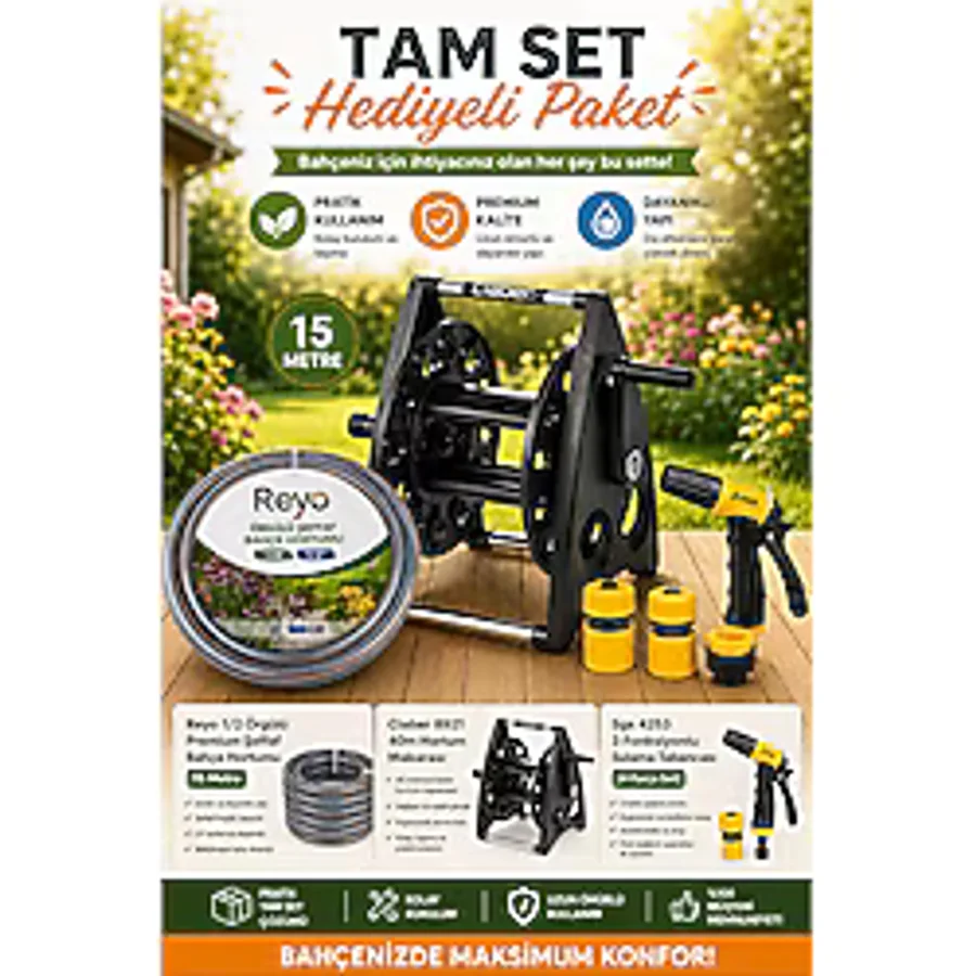 Claber 8921 40m Hortum Makarası + 15M Bahçe Hortumu + 3 Fonksiyonlu Sulama Tabancası, Tam Set