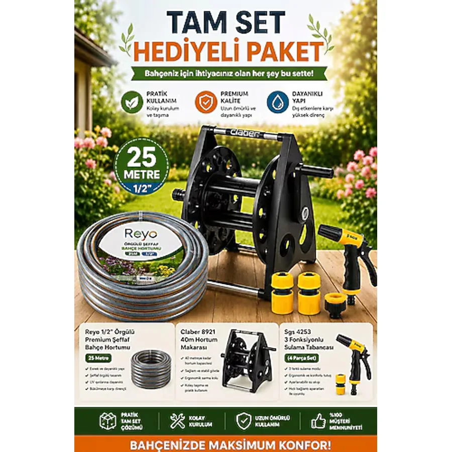Claber 8921 40m Hortum Makarası + 25M Bahçe Hortumu + 3 Fonksiyonlu Sulama Tabancası, Tam Set