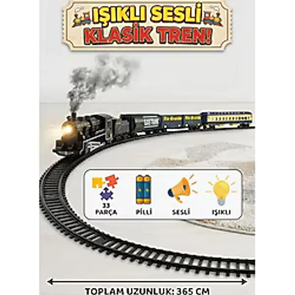 Classic Series Pilli Işıklı Sesli Oyuncak Tren Seti - 33 Parça Nostaljik Tren - 365 Cm Ray