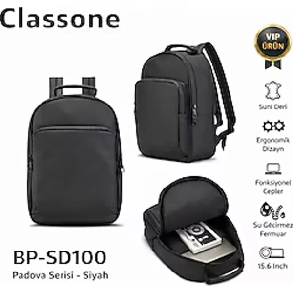 Classone Vıp BP-SD100 Padova Serisi Suni Deri 15.6 Inch Uyumlu Su Geçirmez Fermuar, Macbook, Laptop, Notebook Sırt Çantası