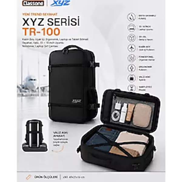 Classone Xyz Serisi Tr-100 Kabin Boy ,uçak İçi , Ergonomik, Laptop Ve Tablet Bölmeli, Seyahat, Valiz, 15 -18 İnch Uyumlu Notebook, Laptop Sırt Çantası Siyah