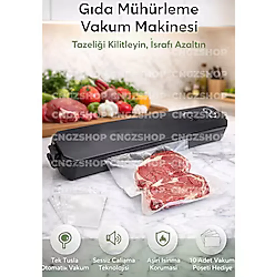 CNGZSHOP Gıda Mühürleme Vakum Makinesi Yiyecek Tazeliği Koruma Ev & Restoran Tipi + 10 Adet Poşet Hediyeli