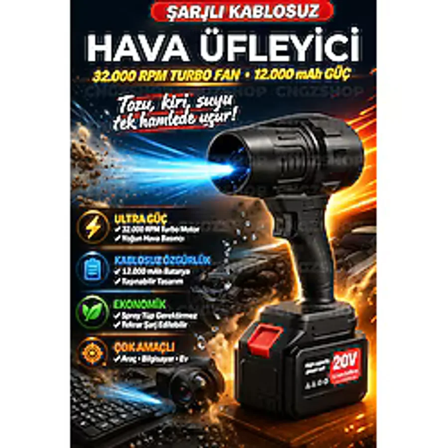 CNGZSHOP Şarjlı Kablosuz Hava Üfleyici 32.000 RPM Turbo Fan - 12.000mAh Güçlü Batarya