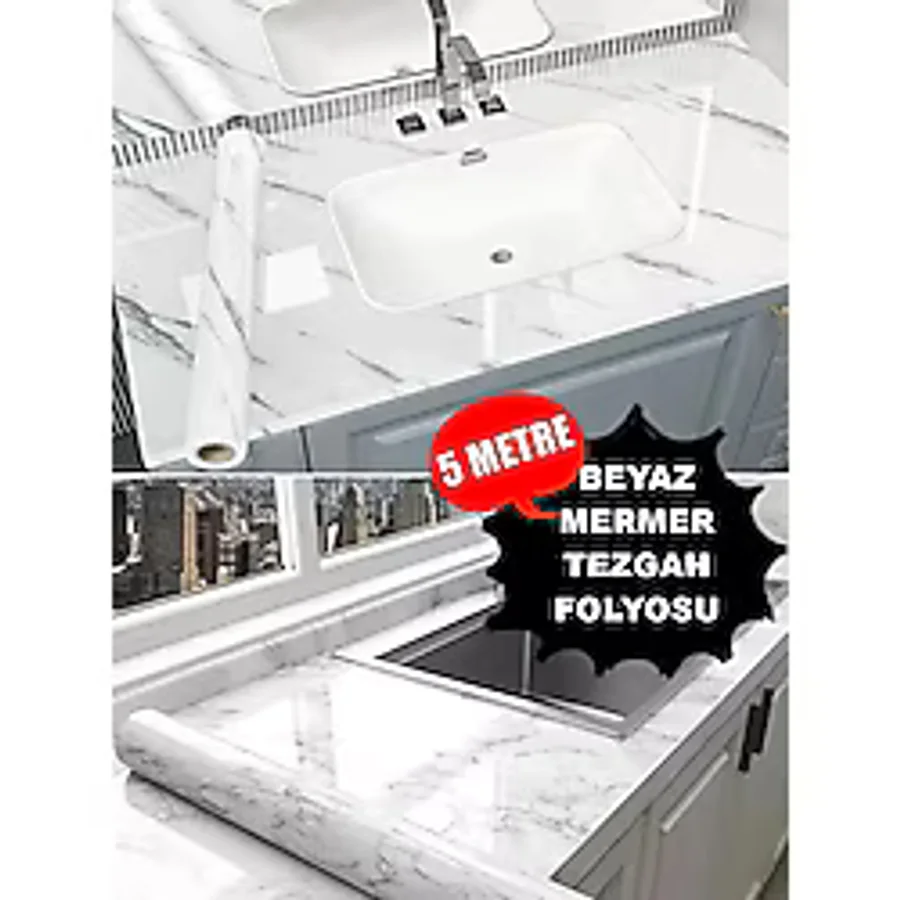 CNGZSHOP Suya Dayanıklı Mermer Desenli 5mt X 60cm Mutfak Tezgah Dolap Lavabo Yapışkanlı Folyo Kaplama Kağıdı