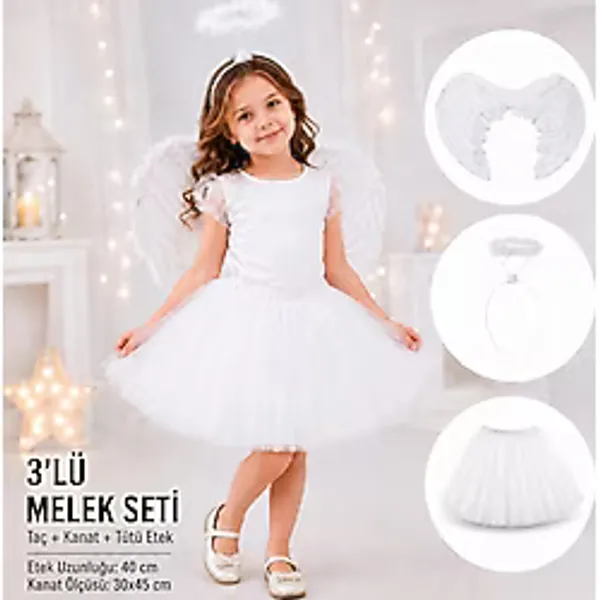 Çocuk Beyaz Melek Kostüm Seti - Melek Kanadı, Taç Ve Tütü Etek 3'Lü Set Bx40