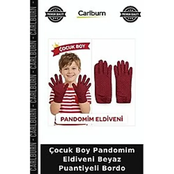 Çocuk Boy Pandomim Eldiveni Beyaz Puantiyeli Bordo Etkinlik Aksesuarı Dans Kıyafeti Tören Detayı