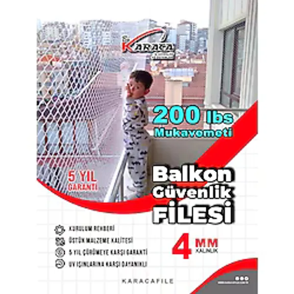 Çocuk Güvenlik Filesi - 3m Yükseklik Balkon Filesi 4mm Ip, 5x5 cm Göz Aralığı + Montaj Seti (Beyaz) - 3x6 m
