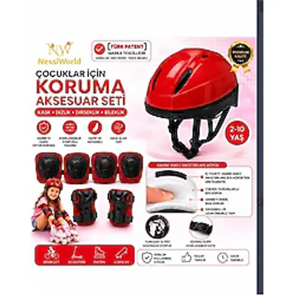 Çocuk Kaskı ve Dizlik, Dirseklik Eldiven Set Kırmız/kırmızısiyah - Çok Renkli