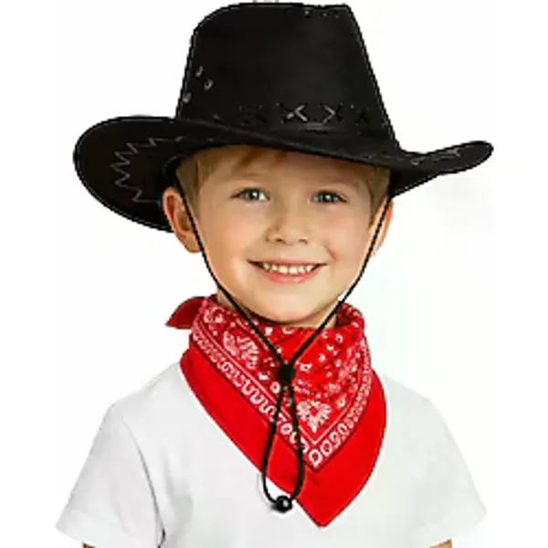 Çocuk Kovboy Şapka Siyah Kırmızı Bandana Seti