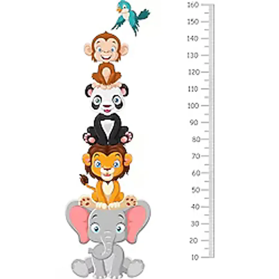 Çocuk Odası Boy Ölçer Duvar Çıkartması, Sevimli Hayvanlar Temalı, Fil Panda Maymun Aslan Kuş Desenli, 160 cm
