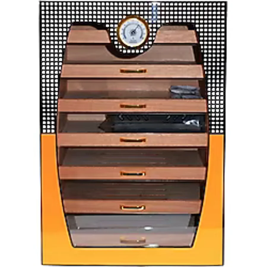Cohiba Sarı-Gri Nokta Desenli 7 Çekmeceli Sedir Humidor Puro Kutusu