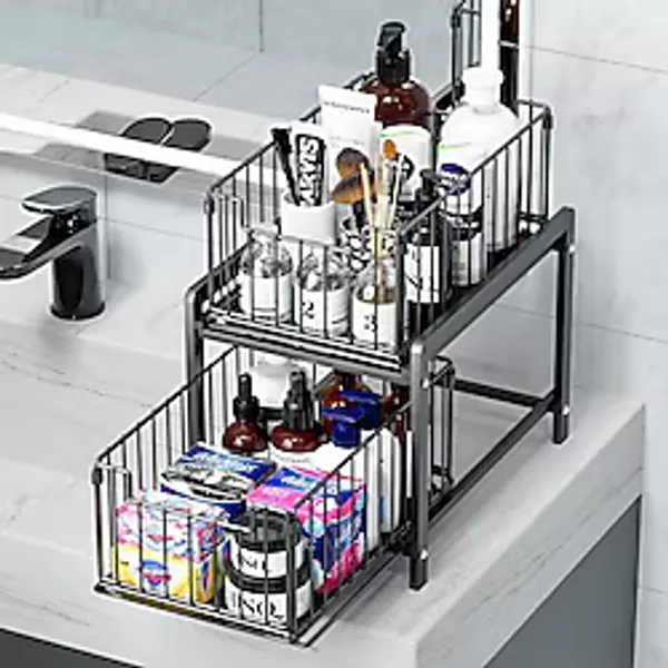 Çok Amaçlı 2 Raflı Raylı Sepet Düzenleyici Banyo Mutfak Lavabo Altı Dolap İçi Tezgah Üstü Organizer Siyah