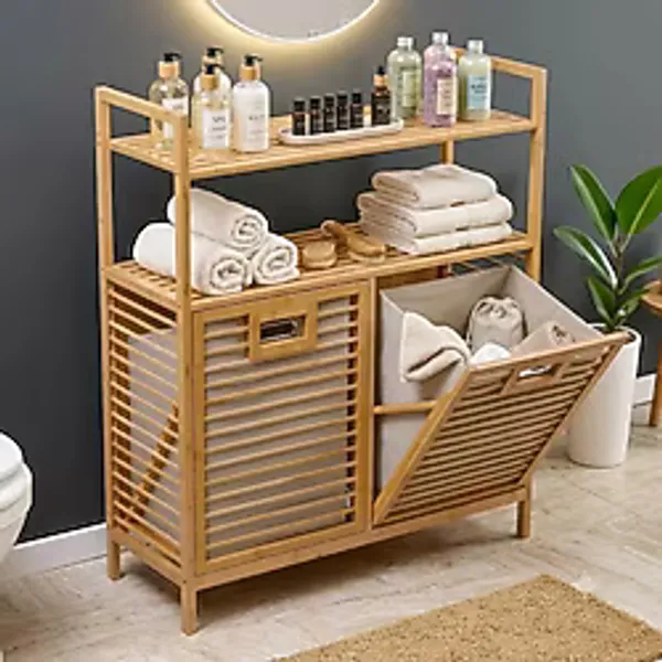 Çok Amaçlı Bambu Banyo Dolabı Düzenleyici Raf Ve Çift Bölmeli Kirli Çamaşır Sepeti
