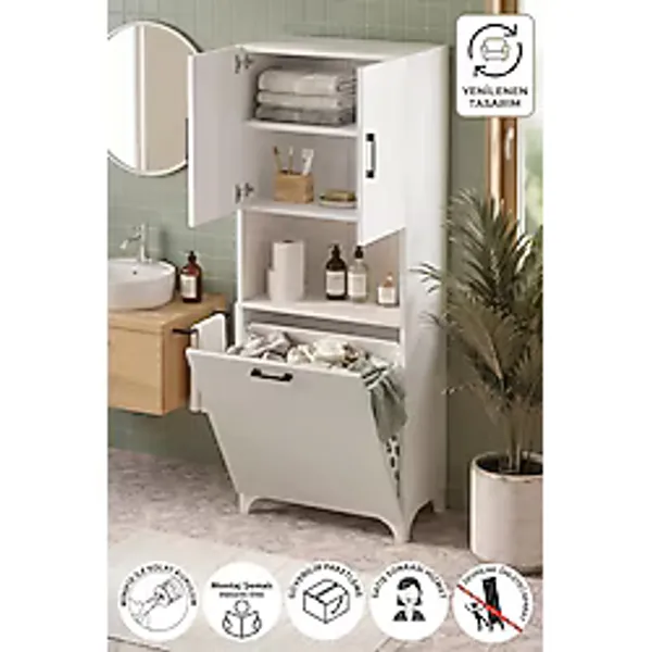 Çok Amaçlı Dolap Banyo Dolabı Kirli Çamaşır Sepeti Dolabı Damla Beyaz