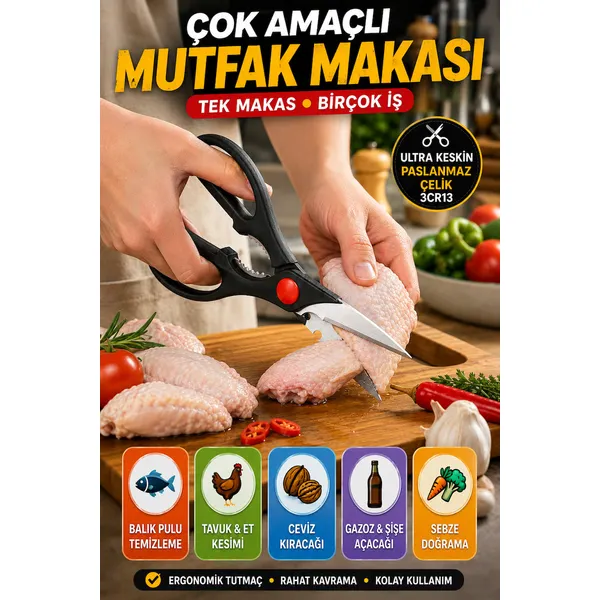 Çok Amaçlı Mutfak Makası Paslanmaz Çelik Tavuk Et Balık Sebze Ceviz Kıracağı Şişe Açacağı 21Cm 3Cr13