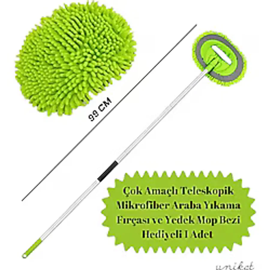 Çok Amaçlı Teleskopik Mikrofiber Araba Yıkama Fırçası Yedek Mop Bezli 1 Adet Saplı Ve Ele Geçirmeli Kullanım Yeşil