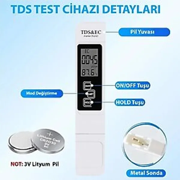 Çok Fonksiyonlu Dijital Su Kalitesi Test Cihazı, Tds ve Sıcaklık Ölçer - Dijital Ölçüm Cihazları