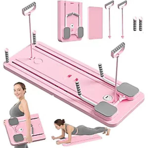Çok Fonksiyonlu Egzersiz Aleti, Pilates Reformer, Direnç Bantlı, Ev Tipi Istasyon Tahtası, Zamanlayıcılı, Çorap Hediyeli, Pembe