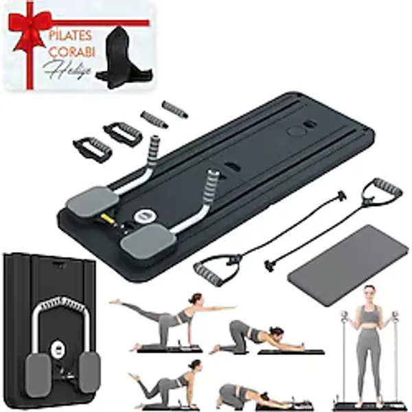 Çok Fonksiyonlu Egzersiz Aleti, Pilates Reformer, Direnç Bantlı, Ev Tipi Istasyon Tahtası, Zamanlayıcılı, Çorap Hediyeli (Siyah)