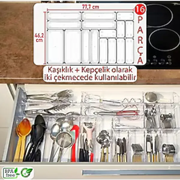 Color House 16'lı Set Modüler Kepçelik ve Kaşıklık Çekmece Içi Düzenleyici Şeffaf Clear Mutfak Çatal Bıçak Kaşık Organizer