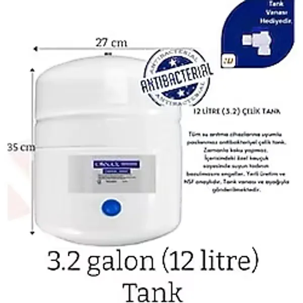 Conax Su Arıtma Tankı 12LT Tüm Cihazlara Uyumlu, NSF Onaylı, Paslanmaz Çelik Tank, Antibakteriyel
