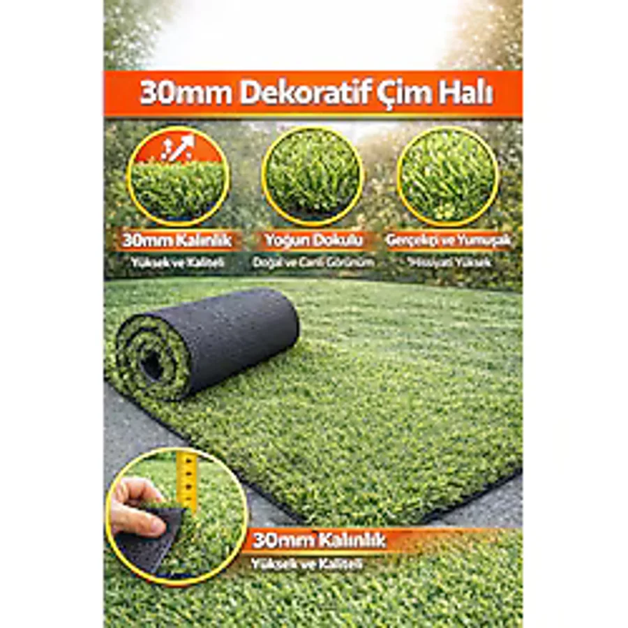 Confetti Çim Halı 30mm Sri Lanka - En: 100cm Düz Yeşil Bahçe Balkon Yapay Çim
