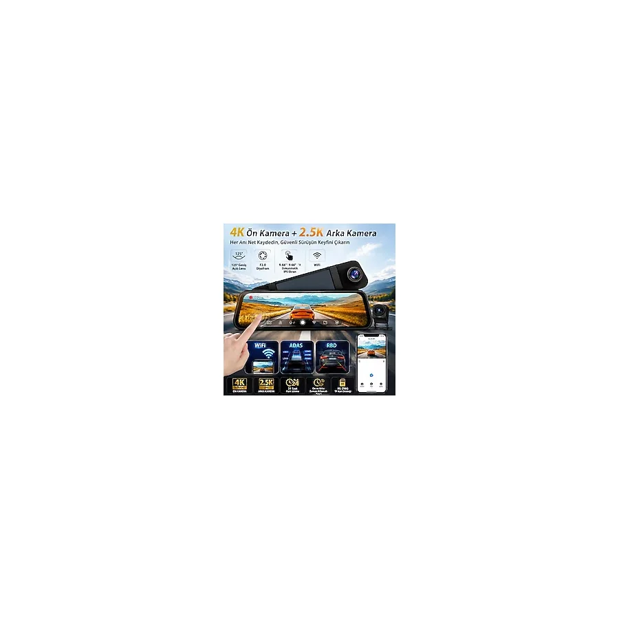 Conio PASENS Araç Dikiz Aynası Dvr - 4K Ultra Hd Ön + 1080P Arka Kamera, 10" IPS Dokunmatik Ekran, Wifi & App Kontrolü, Süper Gece Görüş, Bsd - Siyah