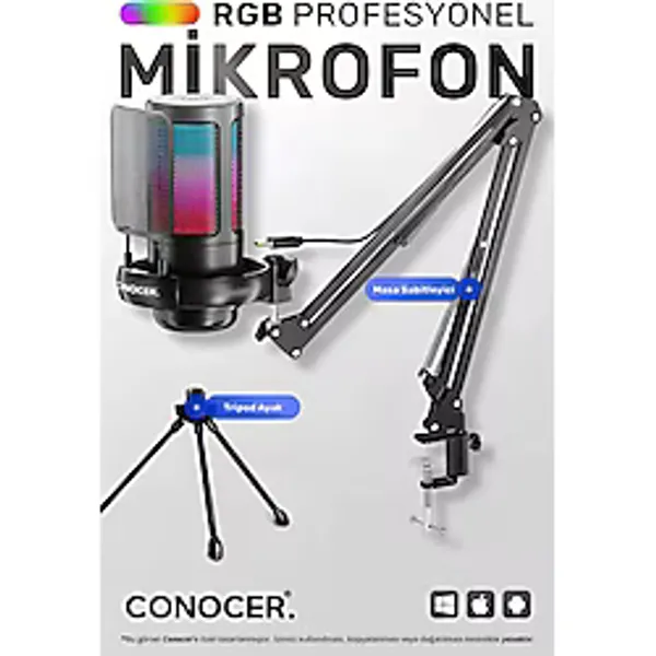 Conocer Rgb Gaming USB Mikrofon Tripodlu ve Masa Standlı Oyuncu ve Youtuber İçin Profesyonel Yayın Mikrofonu - Siyah