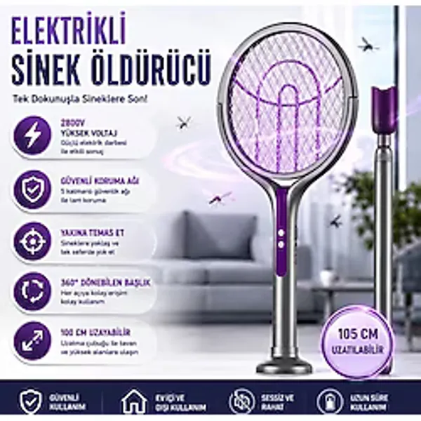Coofbe 2800W Şarjlı Elektriki Sivrisinek Öldürücü Raket Sineksavar 5 Katmanlı Uv Işıklı Teleskopic Sinek Raketi