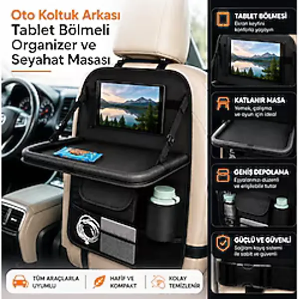 Coofbe Araç Koltuk Arkası Organizer, Katlanır Masa, Tablet Telefon Tutucu, Bardaklık Ve Çok Cepli Oto Eşya Düzenleyici