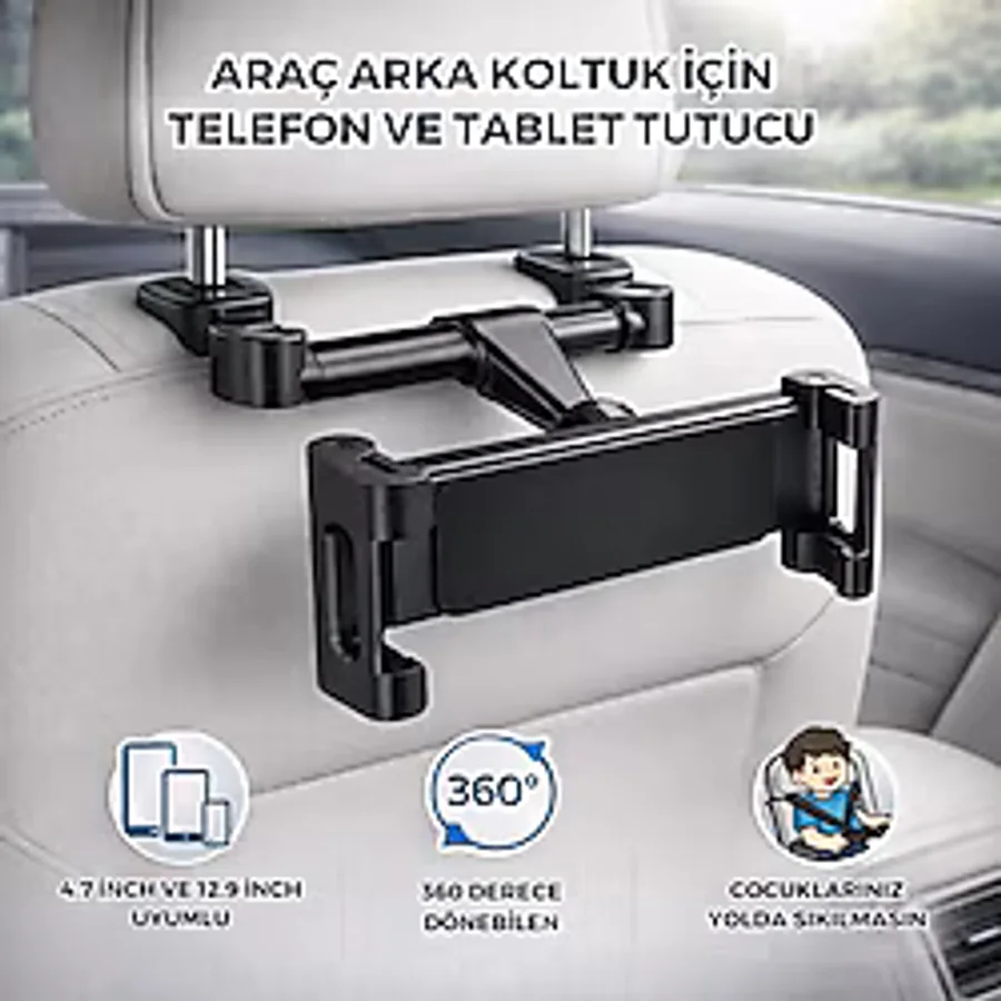 Coofbe Backseat Araç Arka Koltuk Tablet Tutucu Araç Tablet Standı 360 Döner Başlık 4.7-12.9 Inch Tablet Telefon Tutucu - Siyah