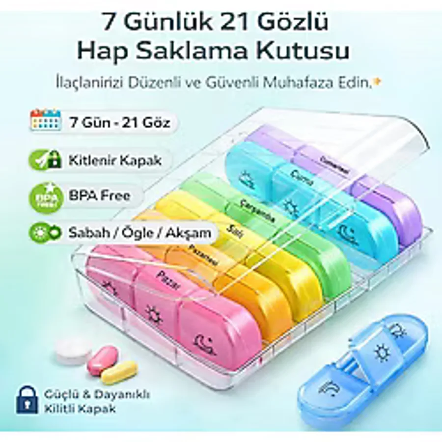 Coofbe Haftalık Ilaç Saklama Kutusu 21 Gözlü Kilitli Kapaklı Hap Ilaç Vitamin Saklama Kutusu Kabı - Renkli