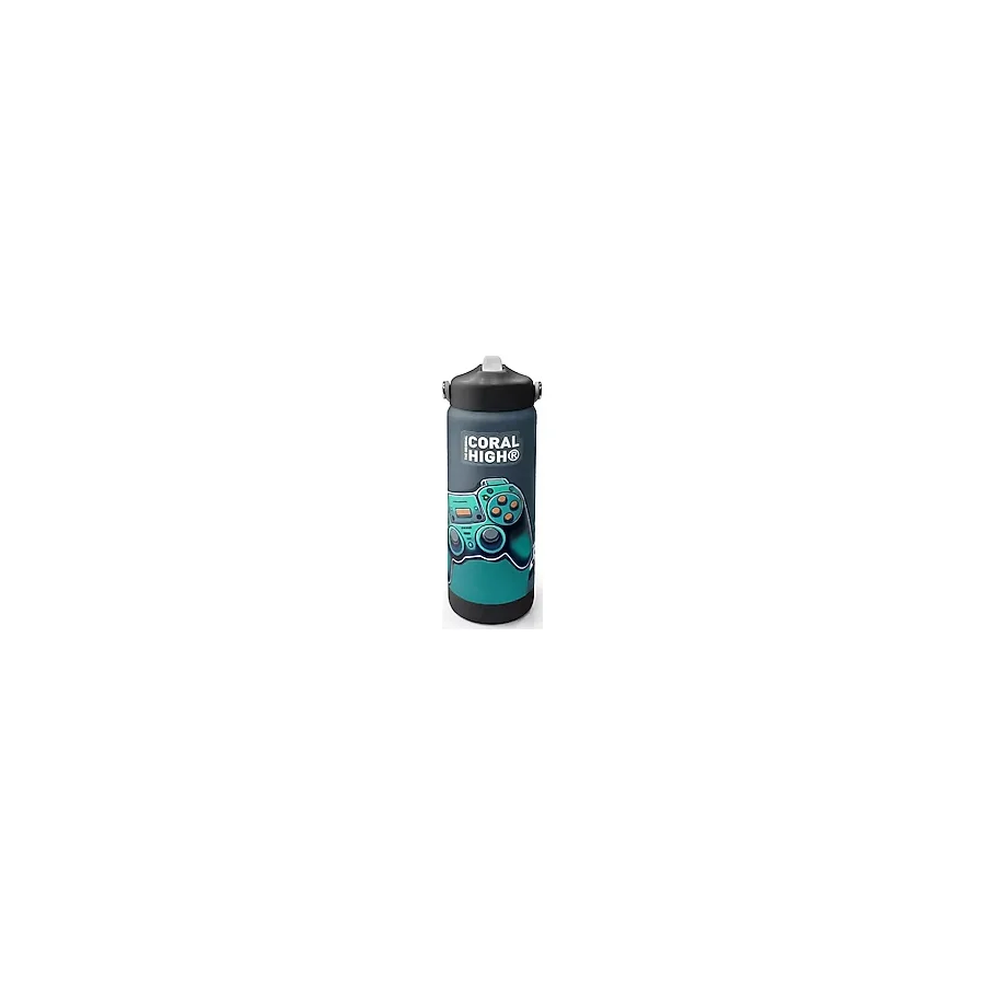 Coral High 650 ml Erkek Çocuk Nefti Yeşil Oyun Konsolu Desenli Çelik Suluk/Matara (Pipetli) 38388