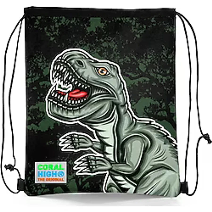 Coral High Kids Koyu Yeşil Siyah Dinozor Desenli İpli Büzgülü Sırt Çantası 22475