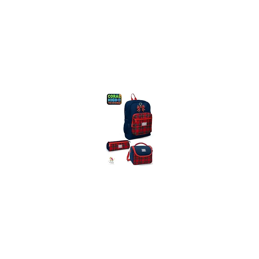 Coral High Kids Lacivert Kırmızı Kurdele Desenli Dört Bölmeli Okul Sırt Çantası,beslenme Çantası,kalem Çantası Set