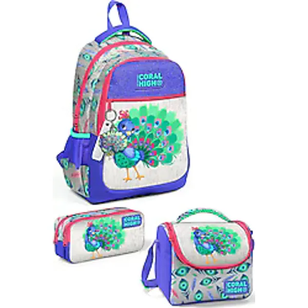Coral High SET0123488 Tavus Kuşu Desenli 3'lü Okul Çanta Seti