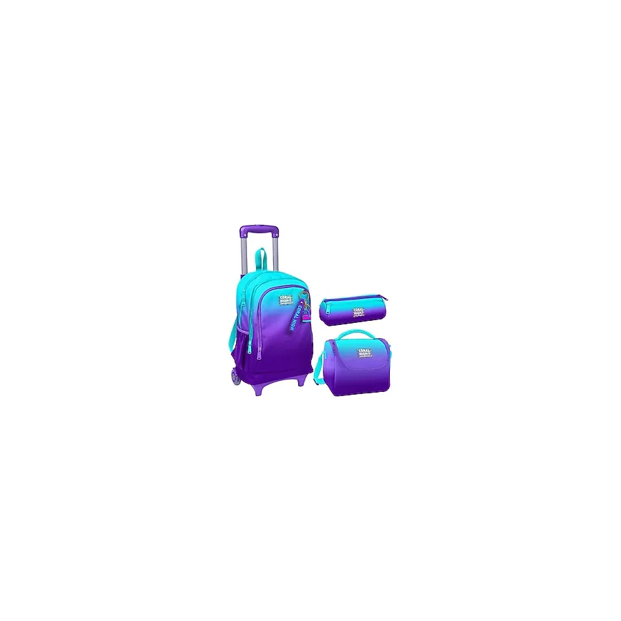 Coral High SET0123963 Turkuaz Mor Renk Geçişli 3'lü Çekçekli Okul Çanta Seti