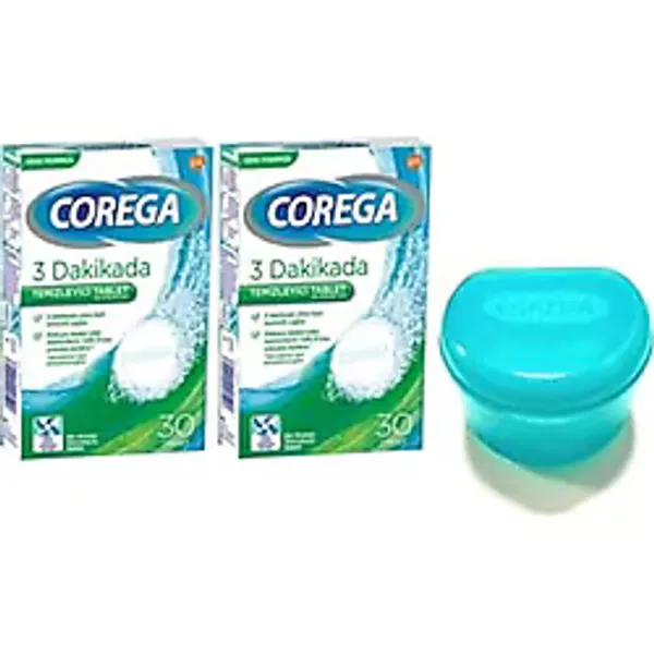 Corega Beyazlatıcı Tablet 30'lu x 2 Kutu, Protez Diş Temizleyici, Mavi Saklama Kabı