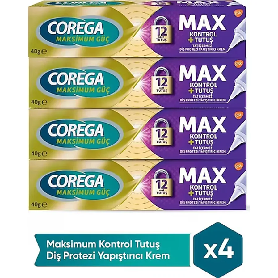 Corega Max Kontrol + Tutuş Tat İçermez 40 gr 4 Adet Protez Diş Yapıştırıcı
