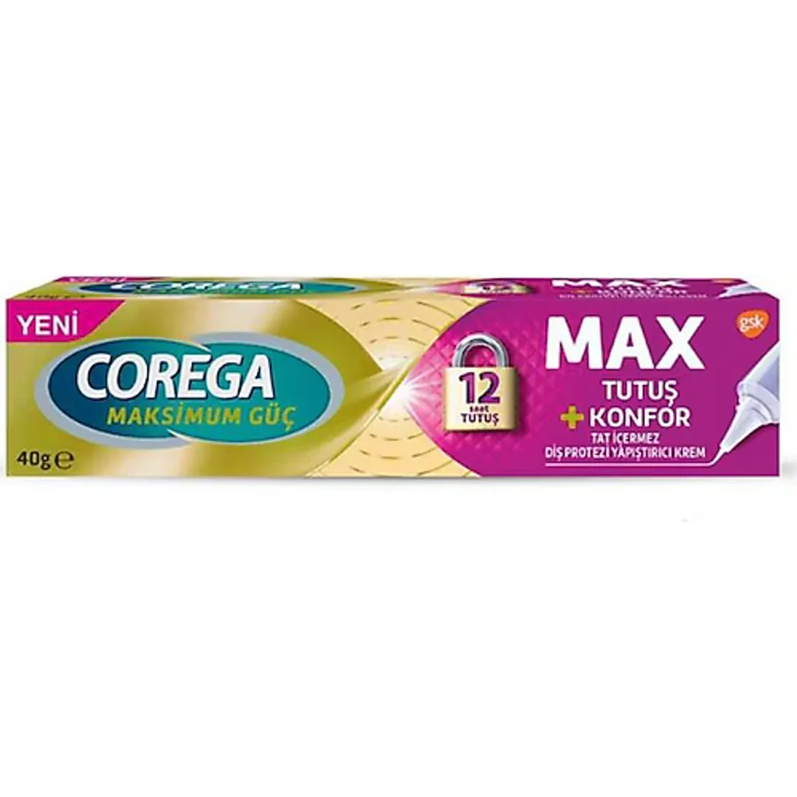 Corega Max Tutuş + Konfor Tat İçermez 40 gr Protez Diş Yapıştırıcı