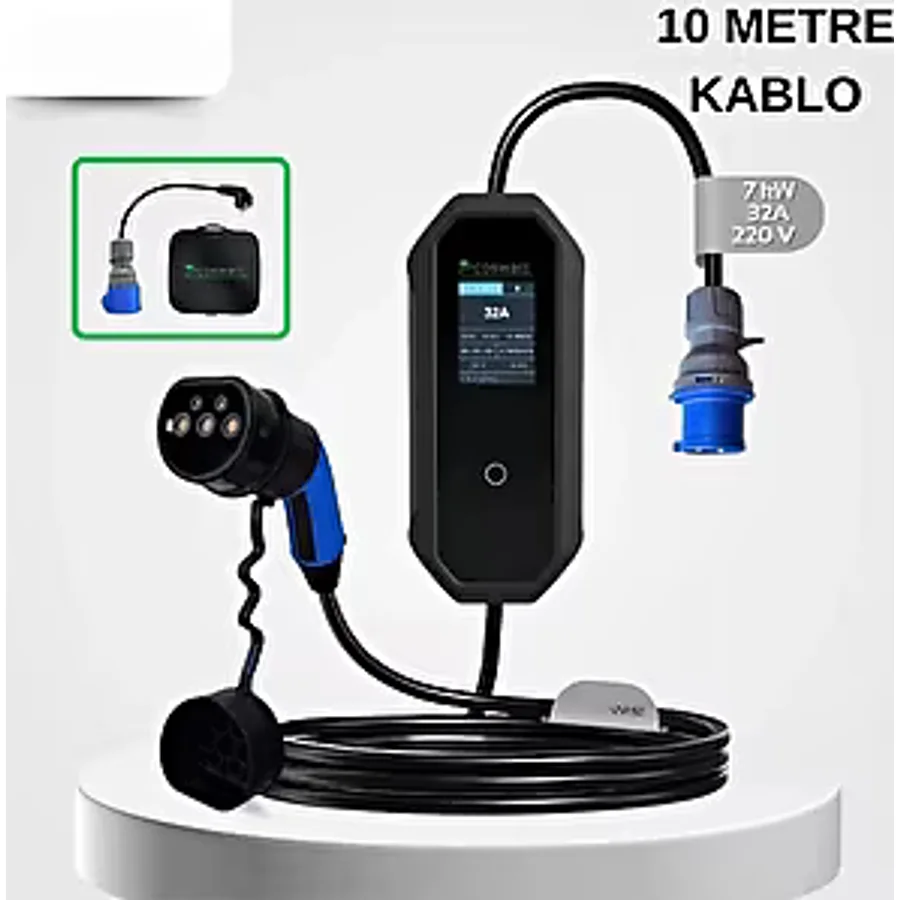 Coswatt Elektrikli Araba Taşınabilir Şarj Cihazı 7 kw 32A Tip-2 3x32A Fiş Monofaze 5 M Çantalı Ev Tipi Dönüştürücü
