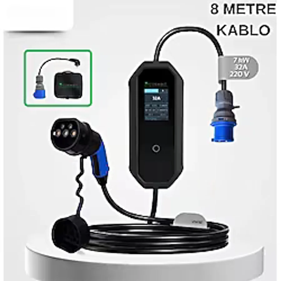 Coswatt Taşınabilir Şarj Cihazı 7 kW 32A Tip-2 3x32A Fiş 220V AC Ev Tipi Dönüştürücü Kablo ve Çanta (8 M Kablo)