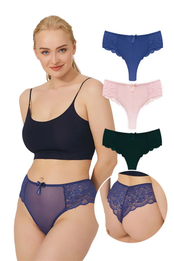 Cottonhill Dantelli Tül Detaylı Büyük Beden Brezilya 3'lü Paket Külot - 4 - 2