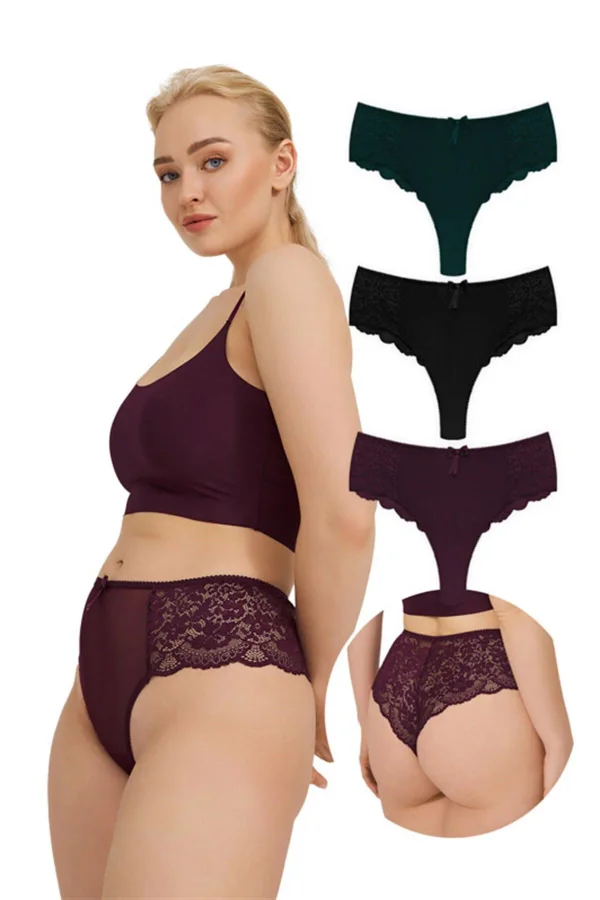 Cottonhill Dantelli Tül Detaylı Büyük Beden Kadın Brezilya 3'lü Paket Külot - 2