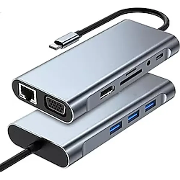 Coverzone 10 in 1 Type-C To USB Hub HDMI (4K),Audio/, Type-C/, 4X USB 3.0/, LAN/, VGA/, SD Card Reader Çevirici Hub 10 Port Adaptör Dönüştürücü Çoklayıcı